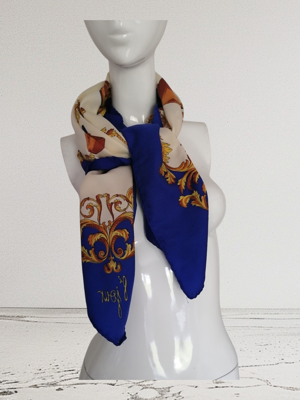 Yves Rocher Blue, Cream and Gold Baroque-Print Scarf 90s Rare Vintage Italian